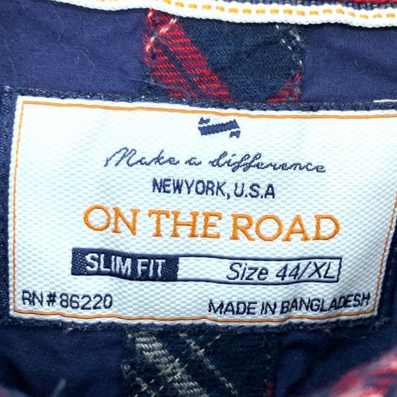 Mens On The Road Flannel Button Shirt  XL Slim Fit Plaid Red 3917 Cotton - Picture 4 of 6